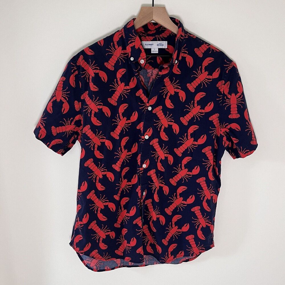 Old Navy Shirt Men's Medium Red Lobster Button Up Navy Blue Patriotic
